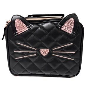 NEW - Rainbow Sugar Chic Black Quilted Cat Lunch Bag, Rose Gold Glitter Accents